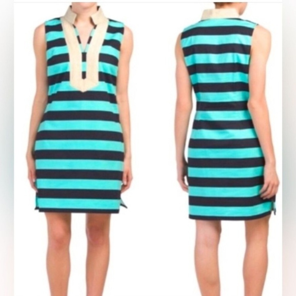 Sail To Sable Classic Tunic Dress Striped navy and Turquoise with Gold Trim
